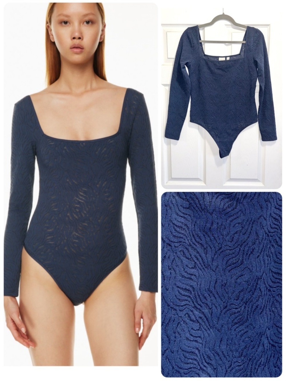 Aritzia Babaton Shapelace Longsleeve Bodysuit Squareneck Navy Blue Lace Large